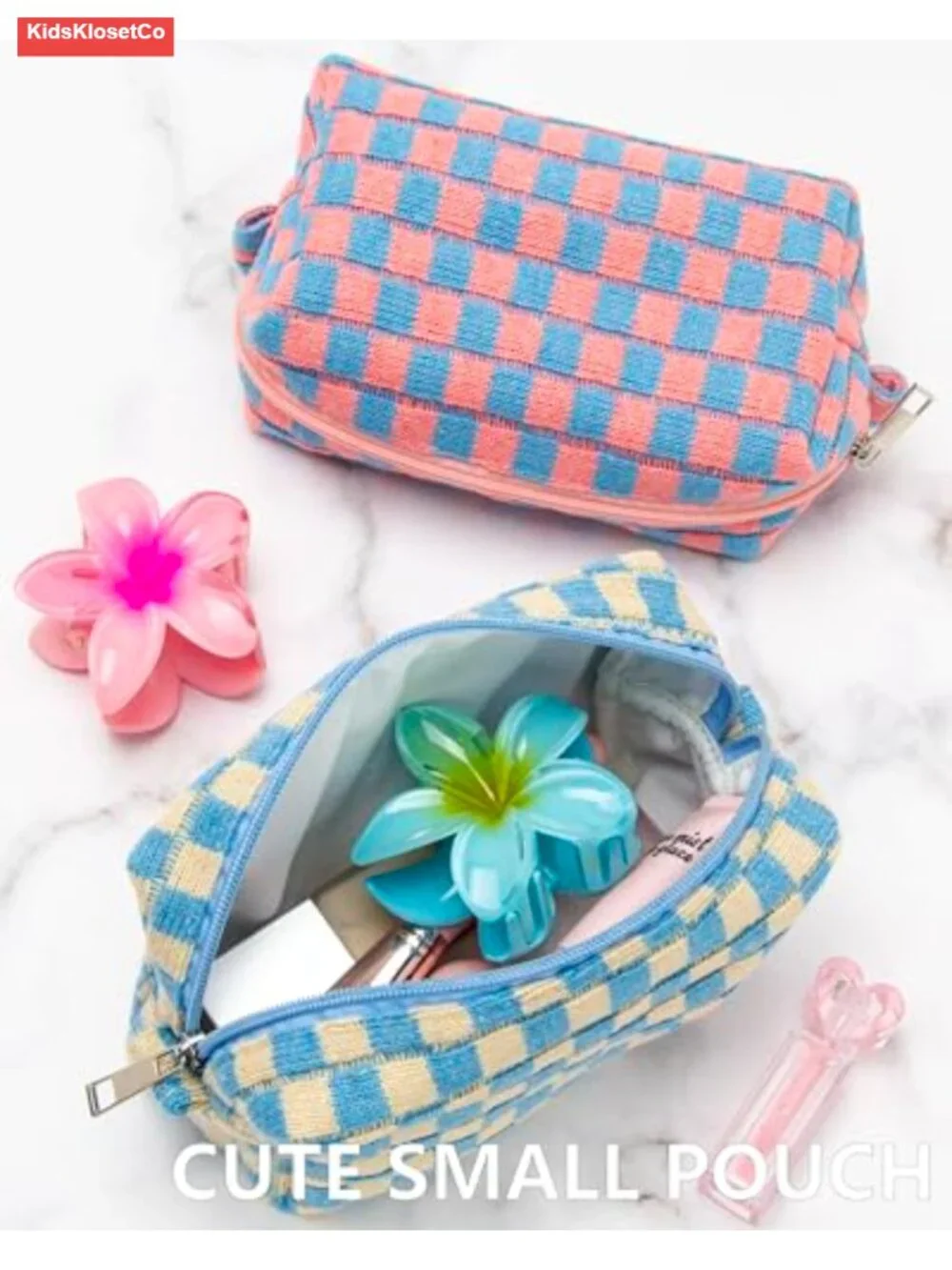 Checkered Cosmetic Bag Set, Small Makeup Pouch, 2 Pack, Soft Knit, Purse